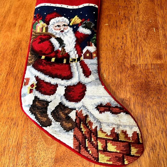 VTG Christmas Stocking Wool Needlepoint Rooftop Santa Jacqueline - Picture 3 of 6